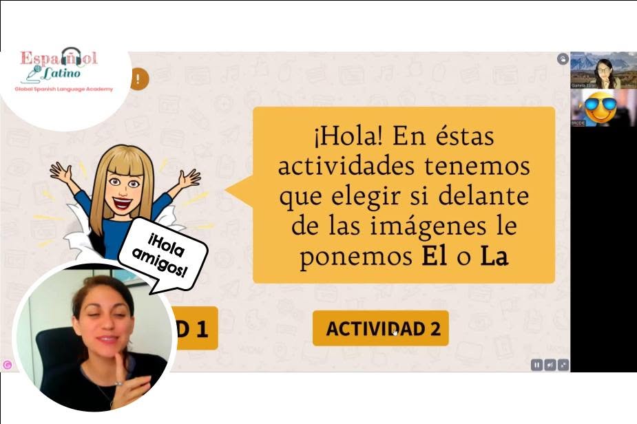 An interactive Spanish lesson with a teacher on video